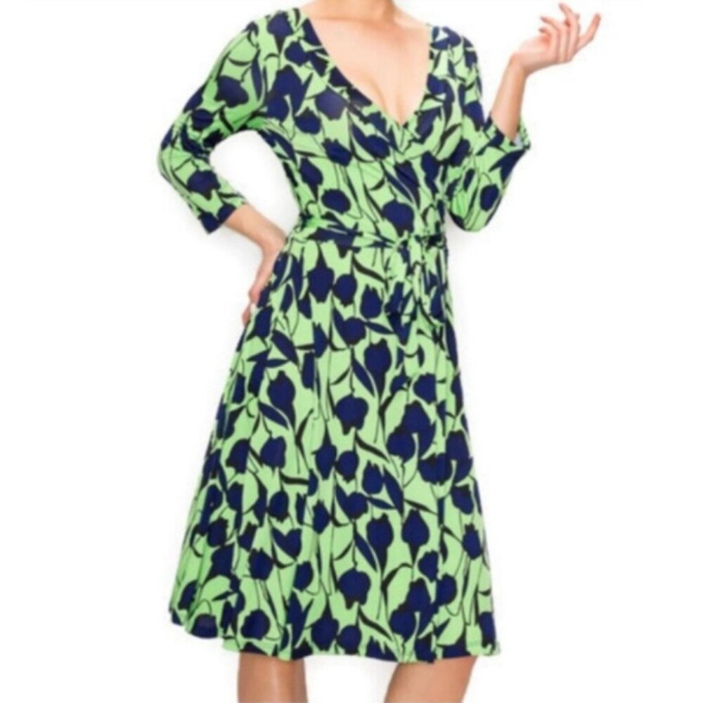 Janette Fashion Lime Navy Faux Wrap Knee Length Dress
